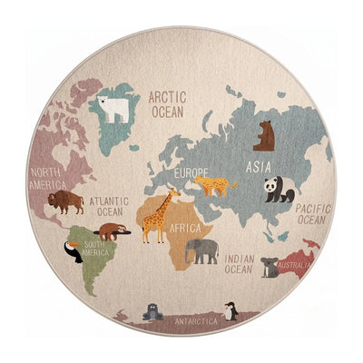 Tapis rond enfant carte du monde animaux