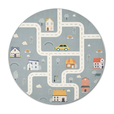 Tapis rond enfant route village gris