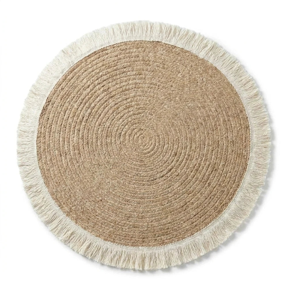 Tapis rond coton tressé écru à pompons | Rondea