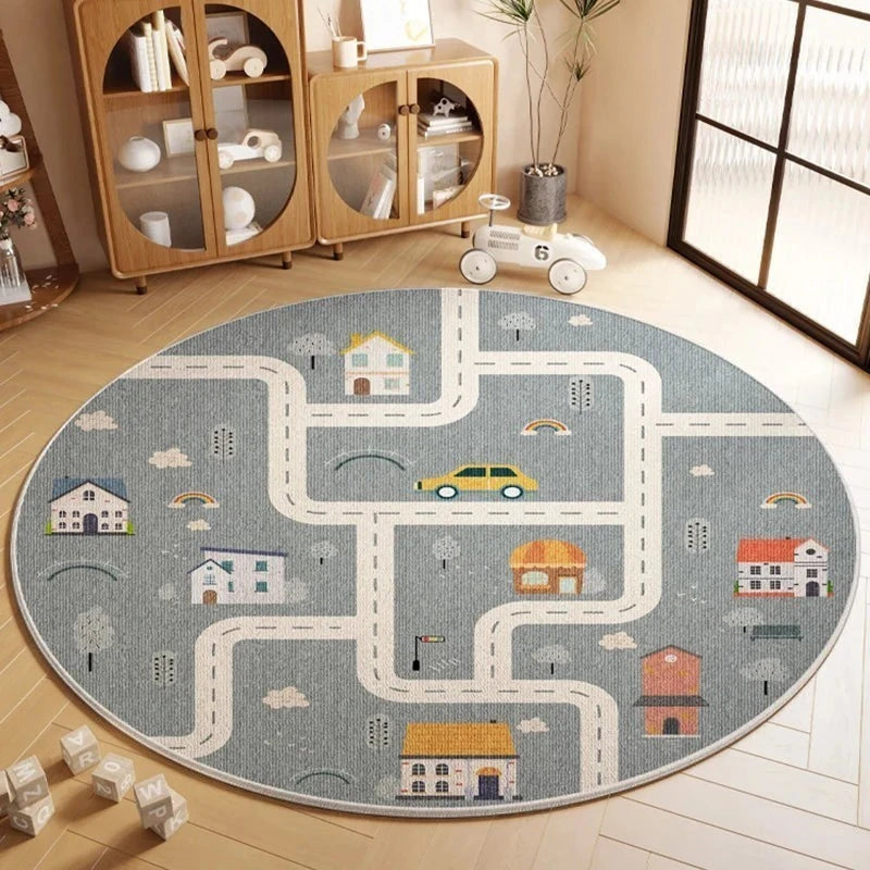 Tapis rond enfant route village gris, vue produit