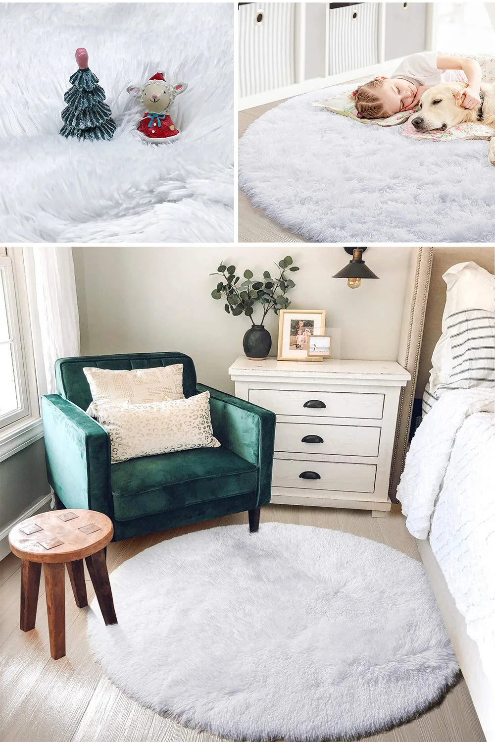 Mises en scène d'un tapis rond blanc en chambre de fillette et au pied d'un fauteuil vert