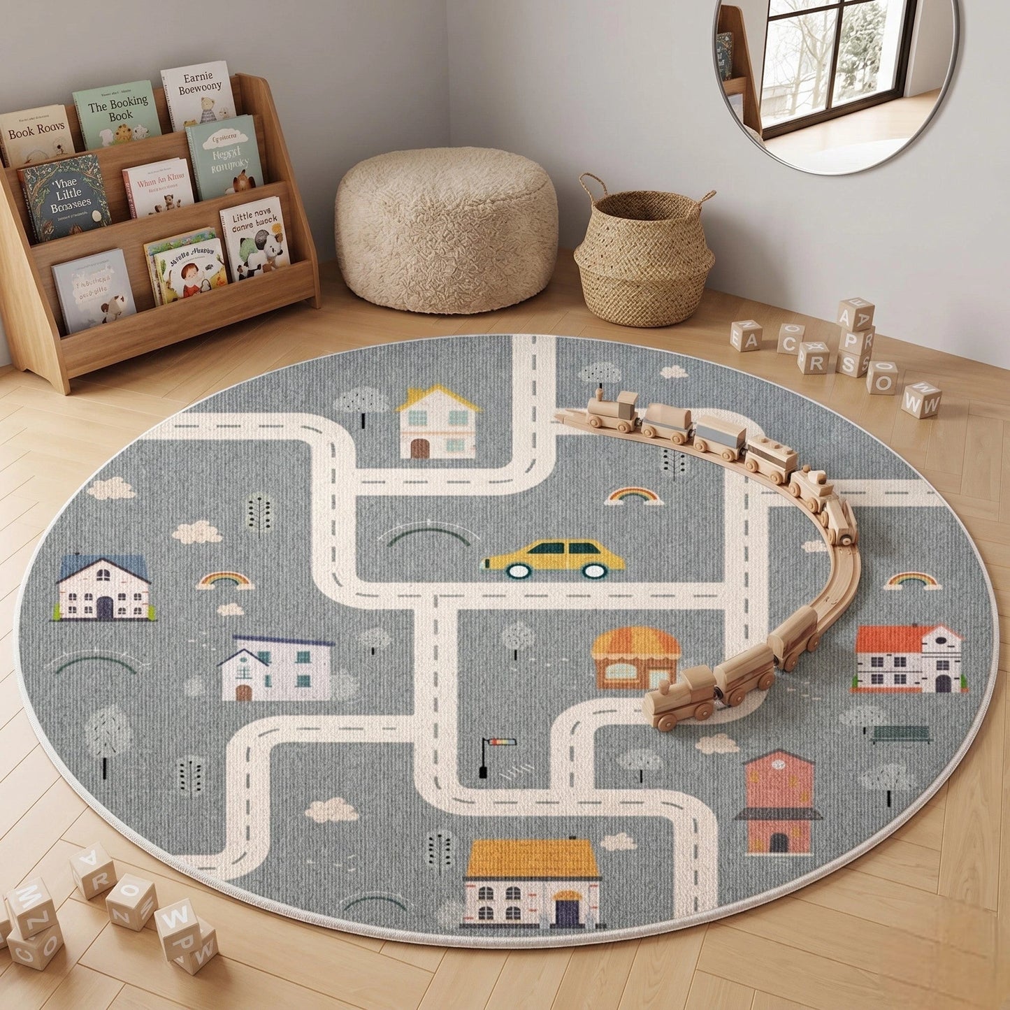 Tapis rond Ma boutique style dessin animé, gris avec motif route, maisons, voiture jaune et arcs-en-ciel. 100% polyester.