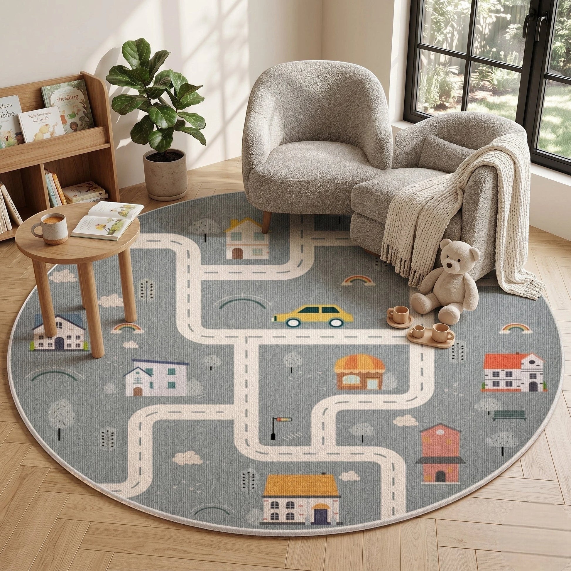 Tapis rond Ma boutique style dessin animé avec des routes, des maisons, une voiture jaune et des arcs-en-ciel, 100% polyester, lavable.