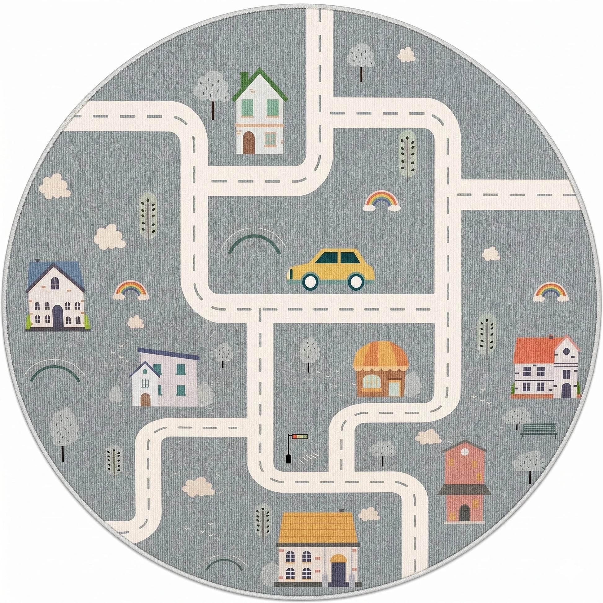 Tapis rond Ma boutique style dessin animé, motif ville avec routes, maisons, voiture jaune et arcs-en-ciel, 100% polyester.