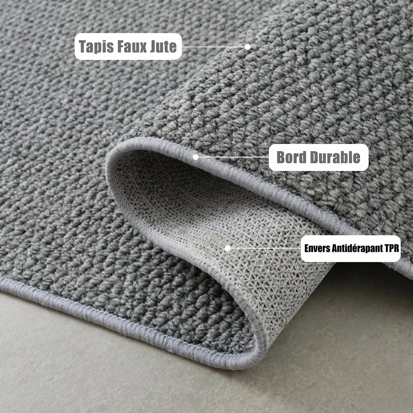 Tapis rond Wilton tissage plat gris ardoise, polyester, bord durable, envers antidérapant TPR. Ma boutique.