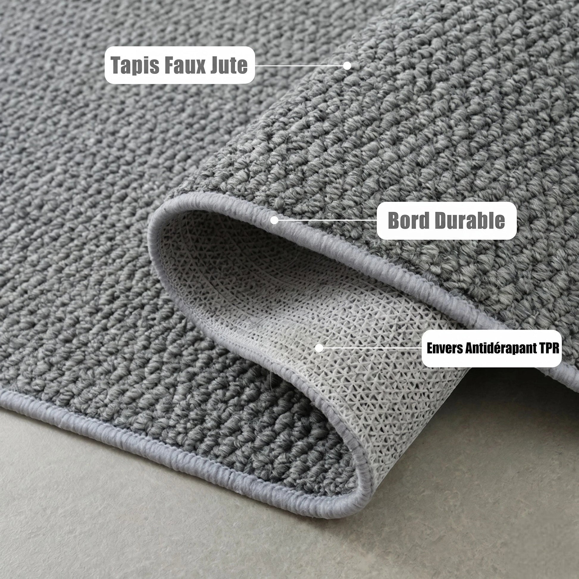 Tapis rond Wilton tissage plat gris ardoise, polyester, bord durable, envers antidérapant TPR. Ma boutique.