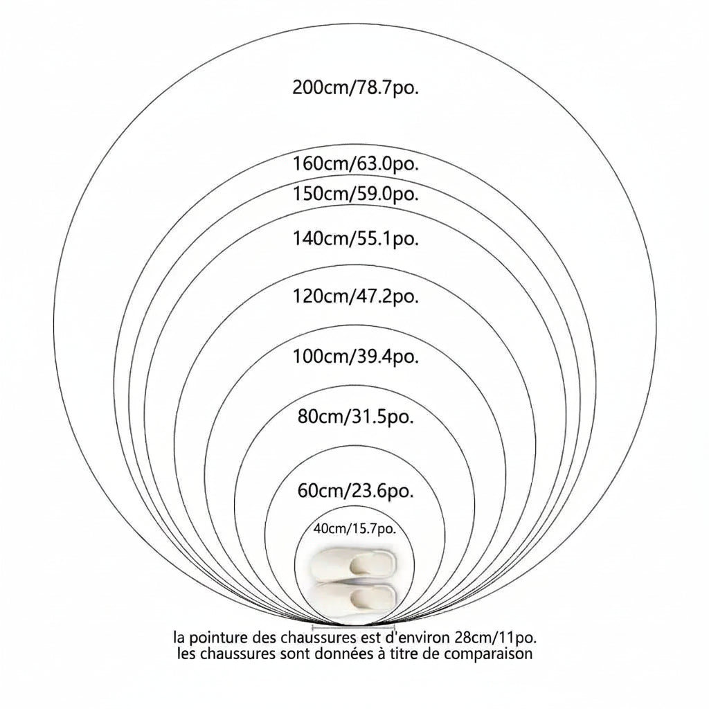 Schéma comparatif des tailles d'un tapis rond, du 40 cm au 200 cm, paire de chaussures pointure 28 cm en repère