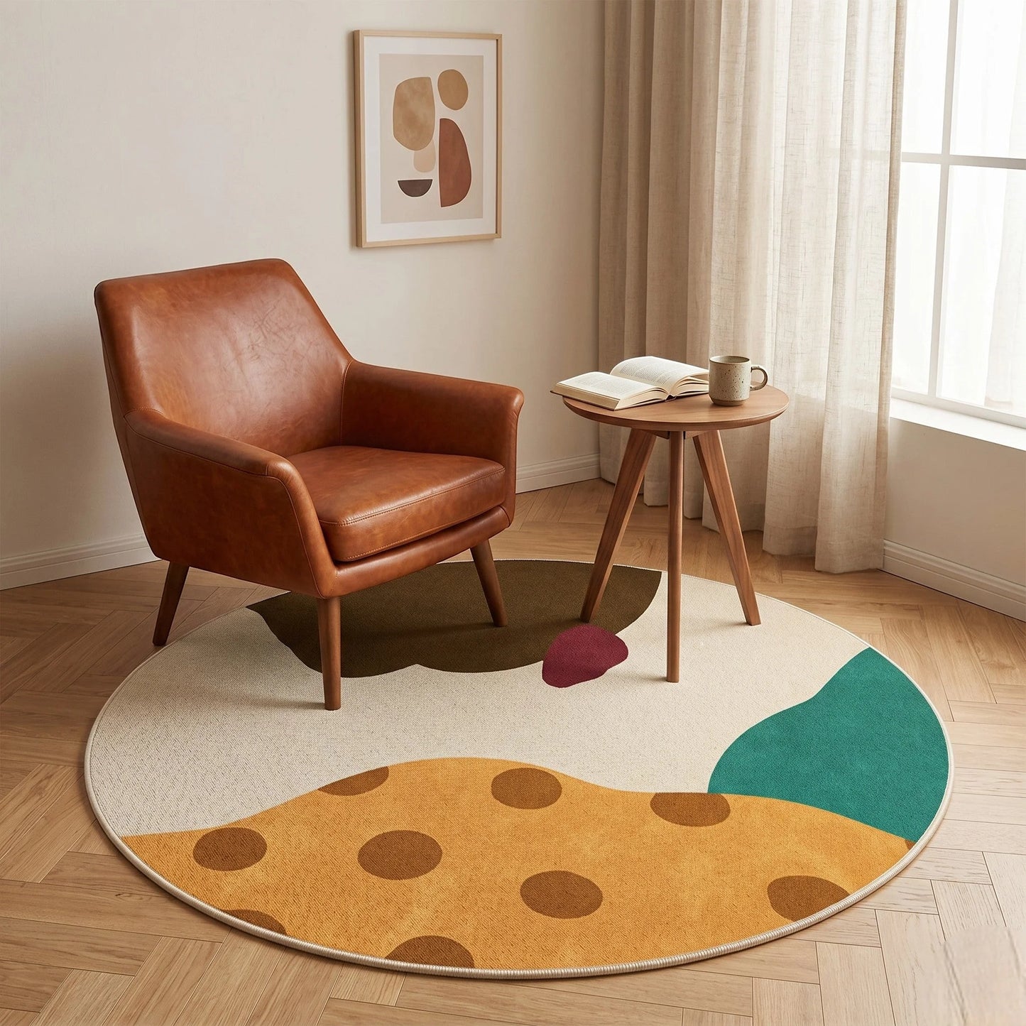 Détail du motif organique avec formes ocre, marron et vert sarcelle sur fond crème