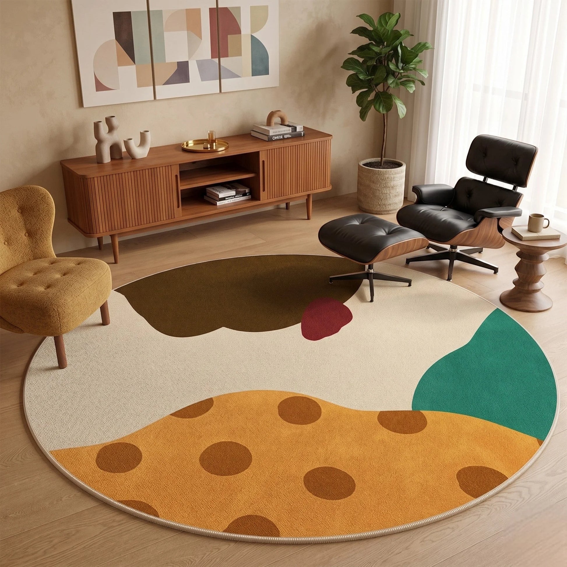 Vue d'angle du tapis rond abstrait organique multicolore