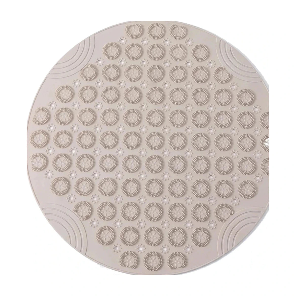 Tapis rond bain antidérapant ventouses beige, vue de dessus sur fond blanc