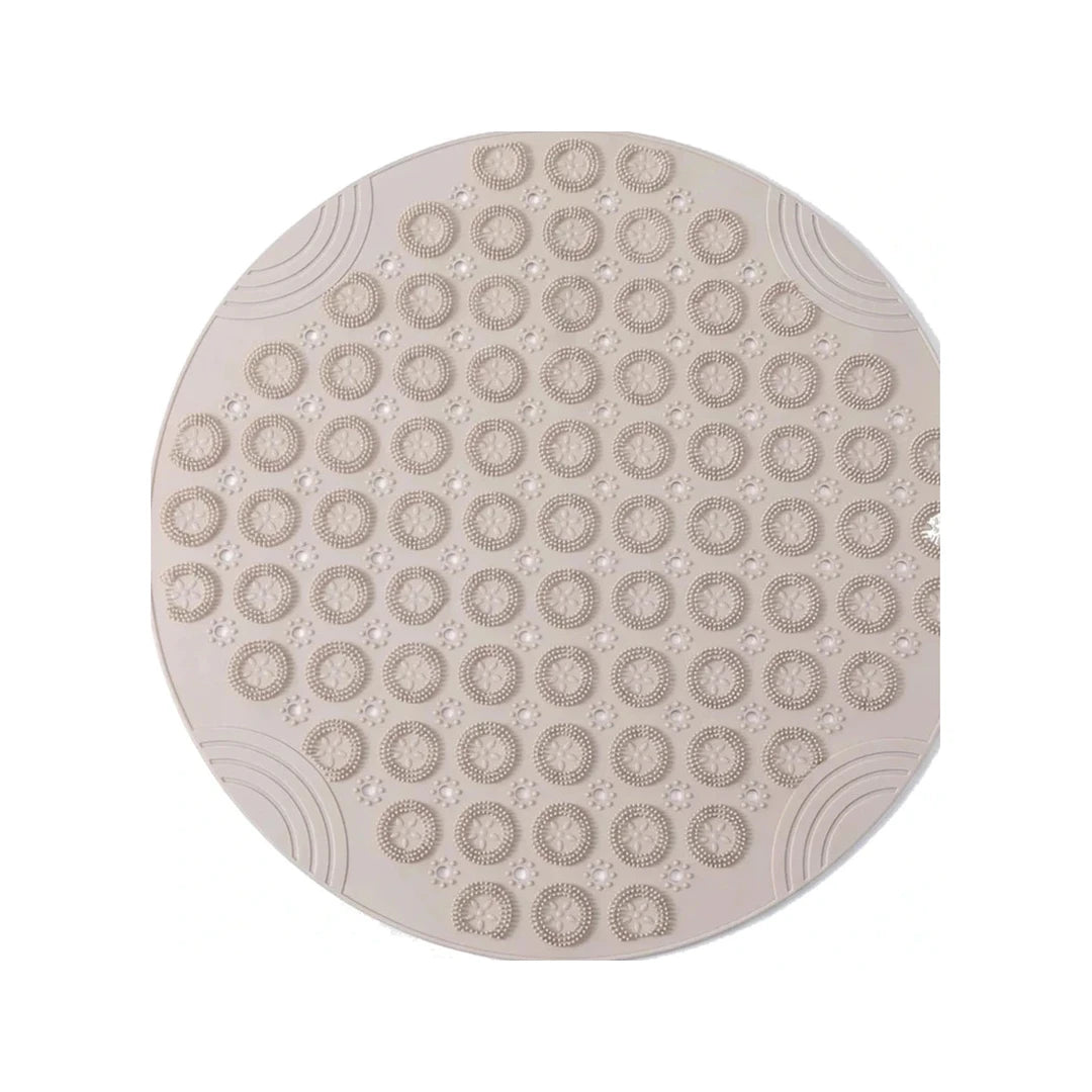Tapis rond bain antidérapant ventouses beige, vue de dessus sur fond blanc