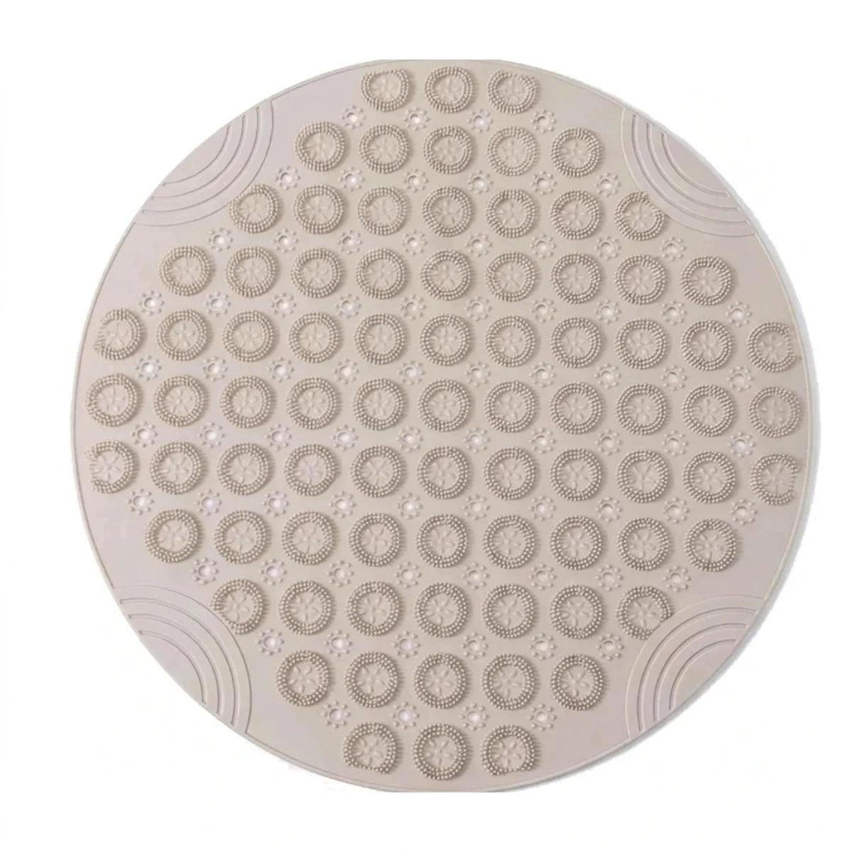 Tapis rond bain antidérapant ventouses beige, vue de dessus sur fond blanc