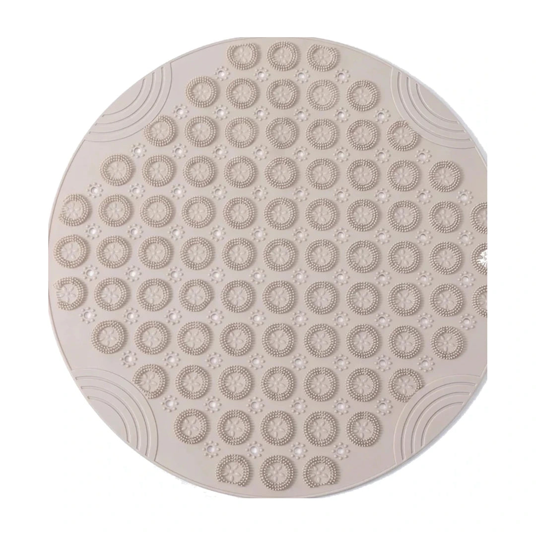 tapis-rond-bain-antiderapant-ventouses-beige, vue de dessus sur fond blanc
