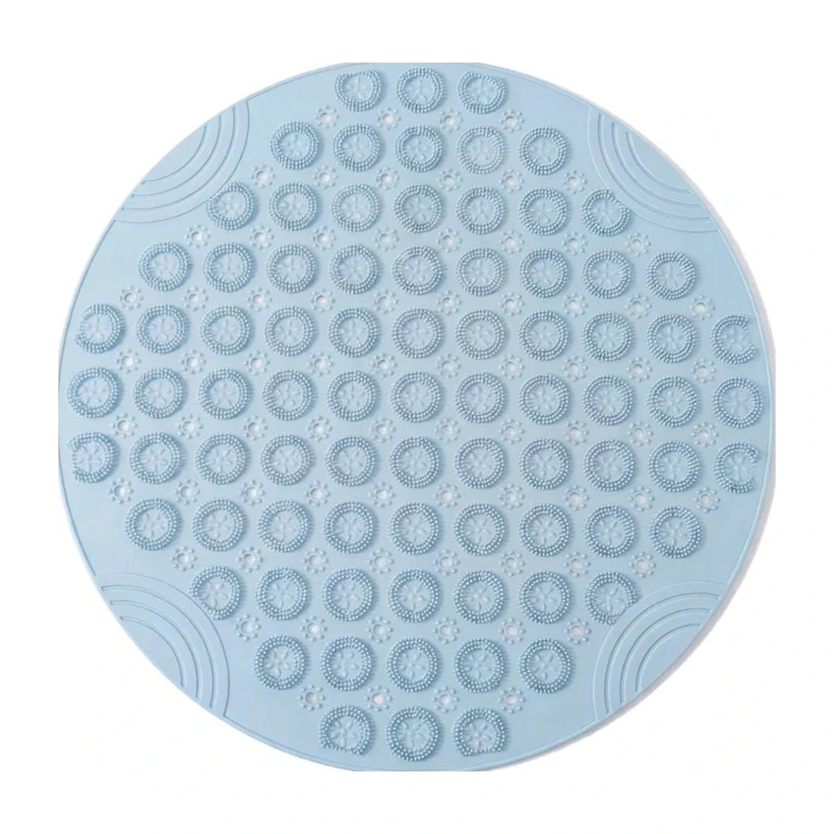 Tapis rond bain antidérapant ventouses bleu, vue de dessus sur fond blanc