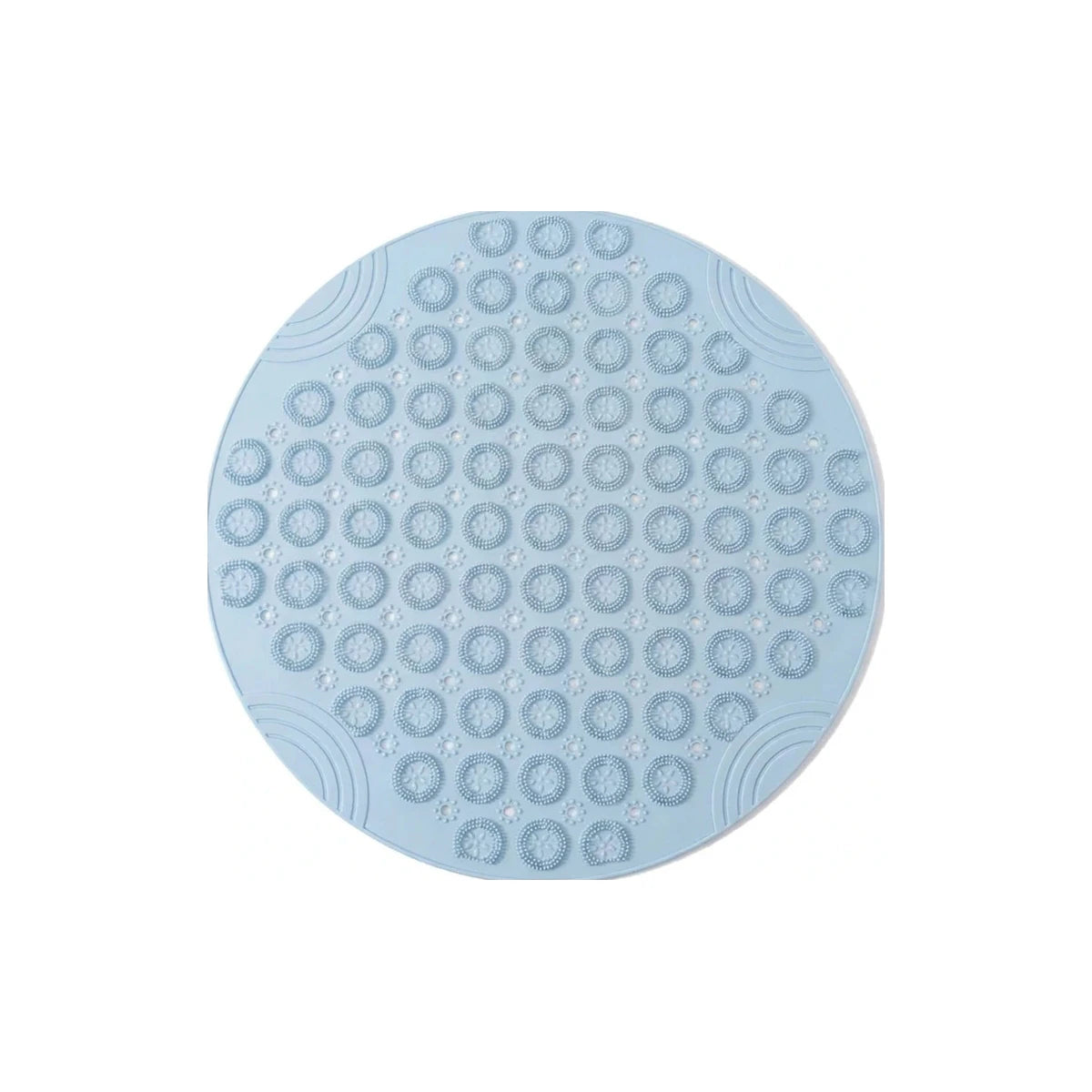 Tapis rond bain antidérapant ventouses bleu, vue de dessus sur fond blanc