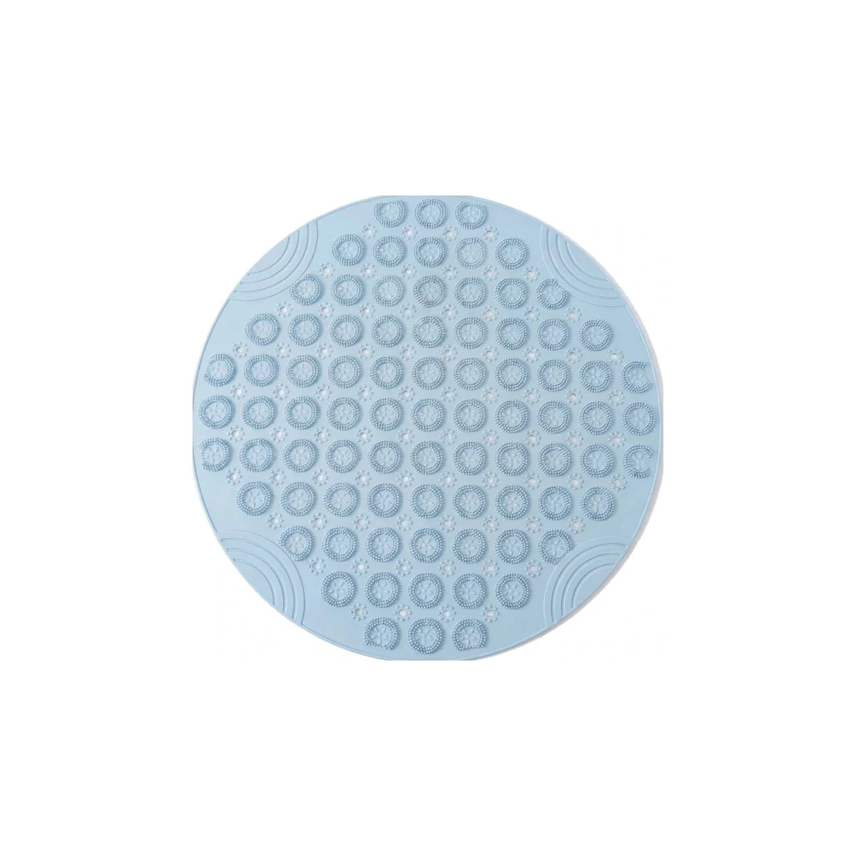 Tapis rond bain antidérapant ventouses bleu, vue de dessus sur fond blanc