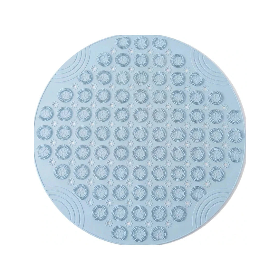 Tapis rond bain antidérapant ventouses bleu, vue de dessus sur fond blanc