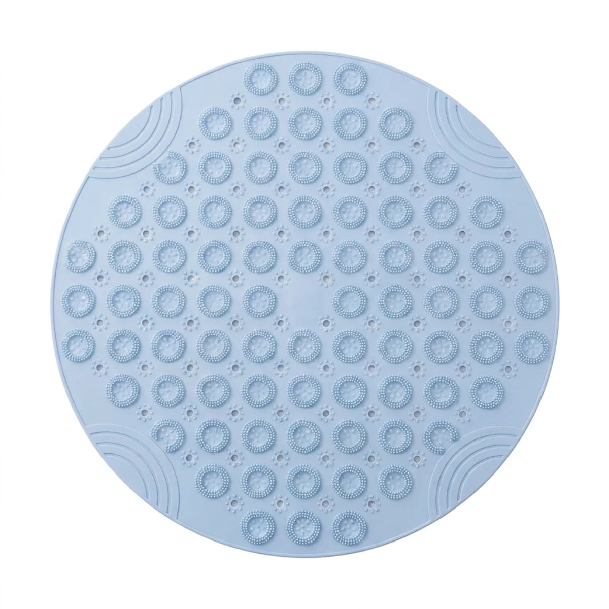 Tapis rond bain antidérapant ventouses bleu, vue de dessus sur fond blanc