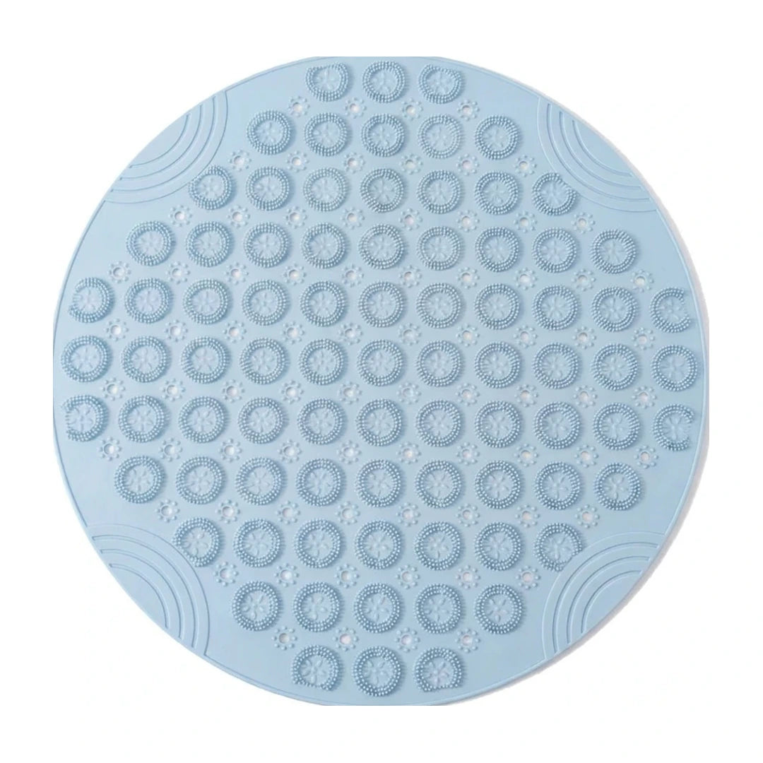 tapis-rond-bain-antiderapant-ventouses-bleu, vue de dessus sur fond blanc