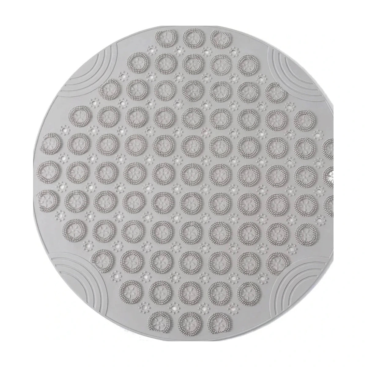 Tapis rond bain antidérapant ventouses gris, vue de dessus sur fond blanc