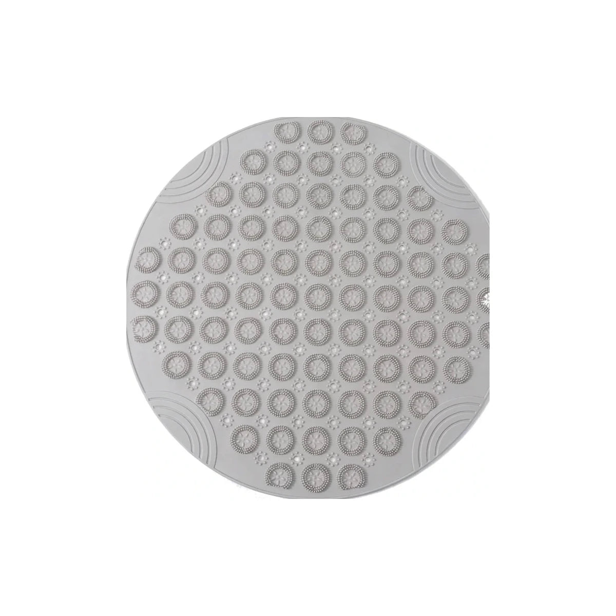 Tapis rond bain antidérapant ventouses gris, vue de dessus sur fond blanc