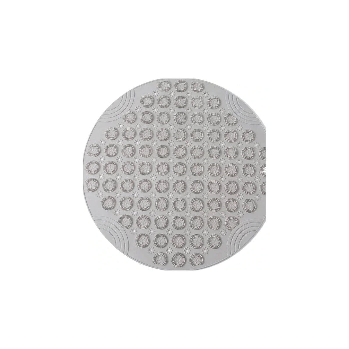 Tapis rond bain antidérapant ventouses gris, vue de dessus sur fond blanc