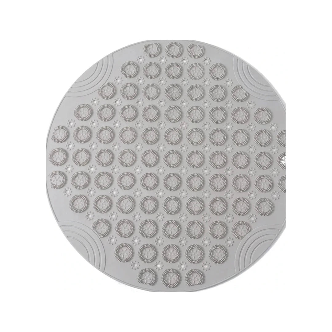 Tapis rond bain antidérapant ventouses gris, vue de dessus sur fond blanc