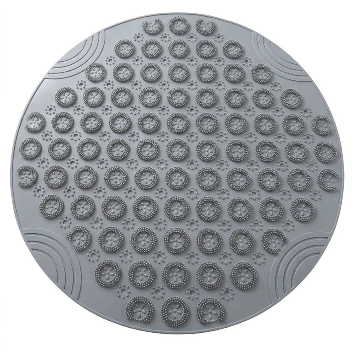 Tapis rond bain antidérapant ventouses gris, vue de dessus sur fond blanc