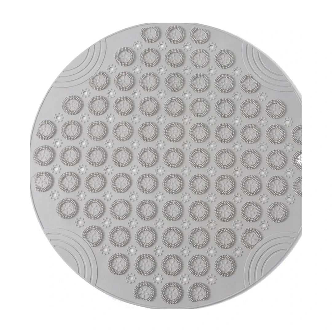 tapis-rond-bain-antiderapant-ventouses-gris, vue de dessus sur fond blanc