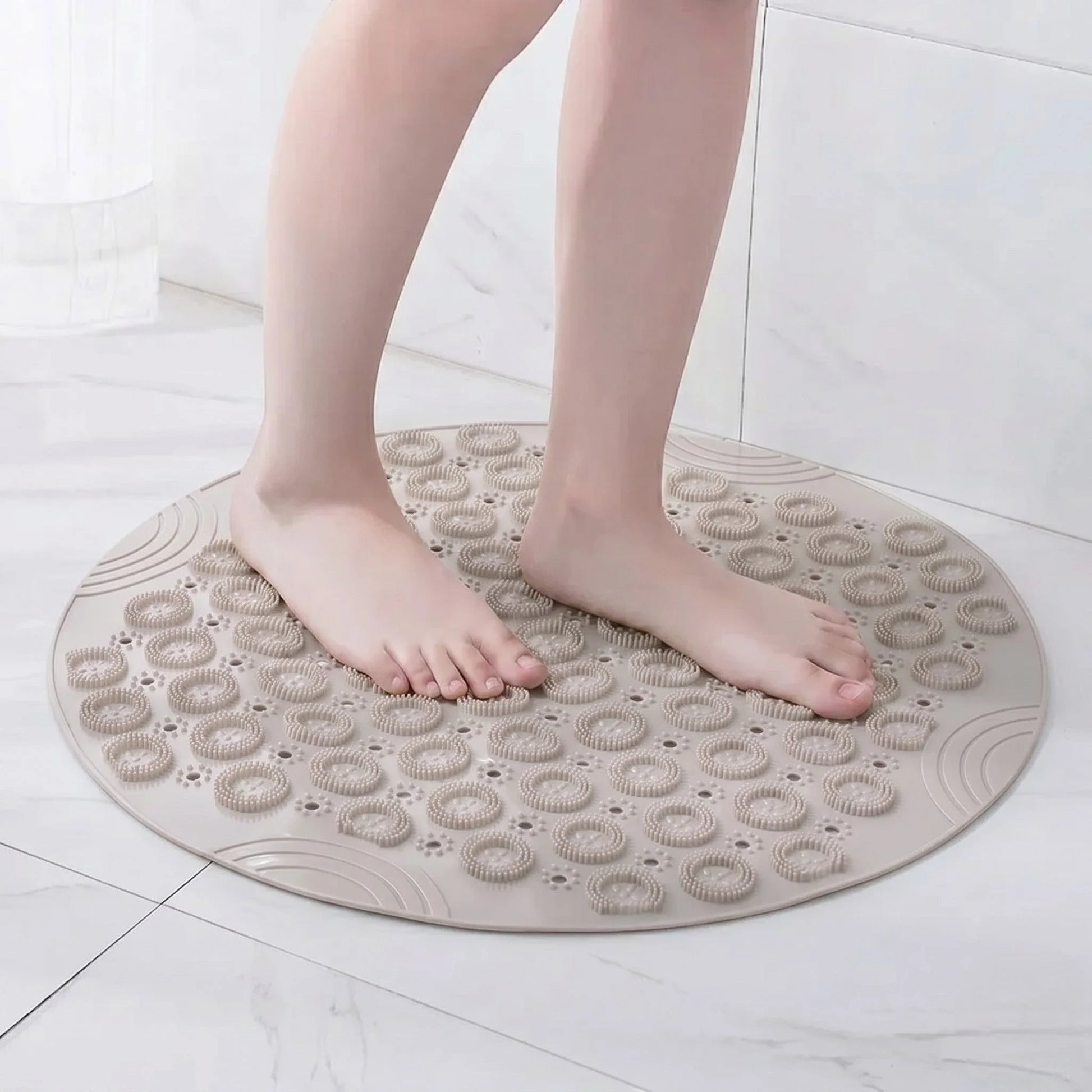 Tapis rond bain antidérapant beige Rondea, format 55 cm, ambiance spa naturelle