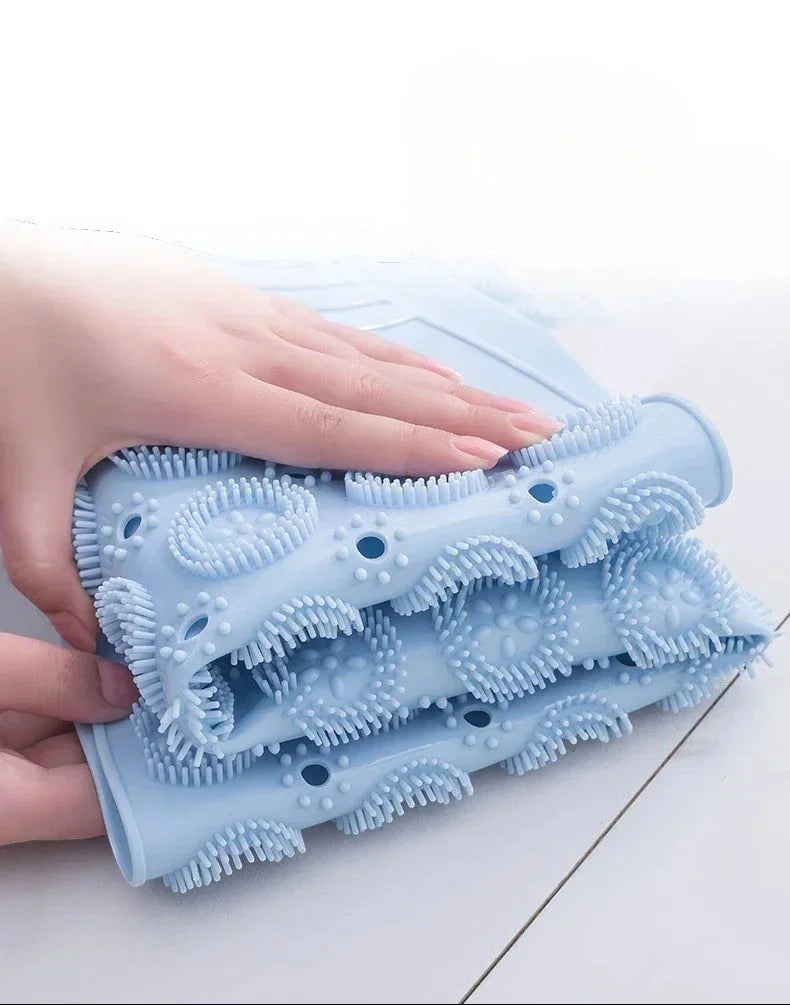 Dos du tapis rond bleu avec ventouses en silicone pour fixation sur faïence