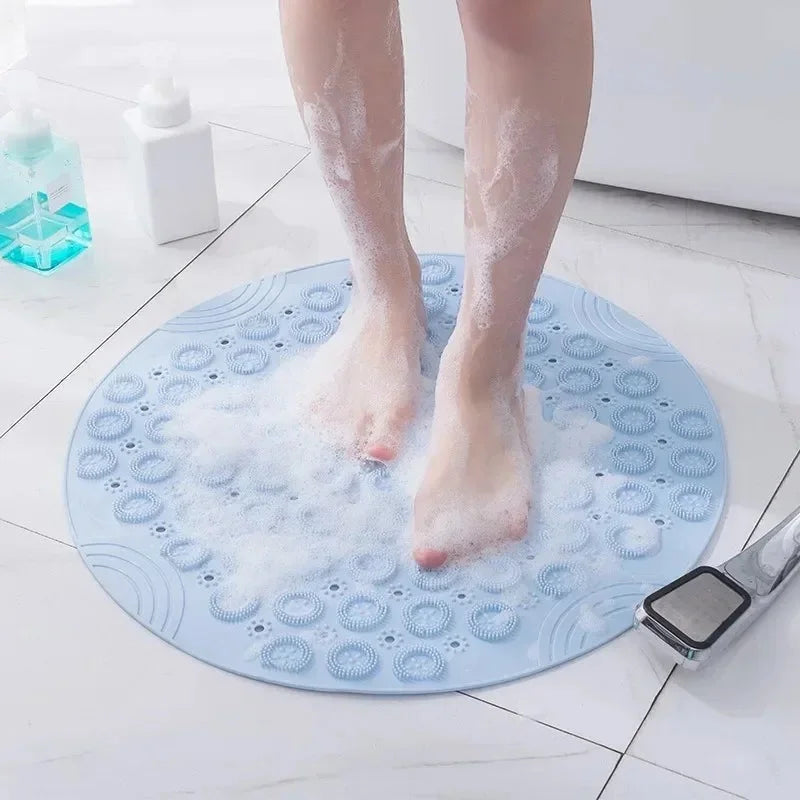 Tapis rond bleu canard de bain en PVC antidérapant avec ventouses et picots de massage, vue de dessus