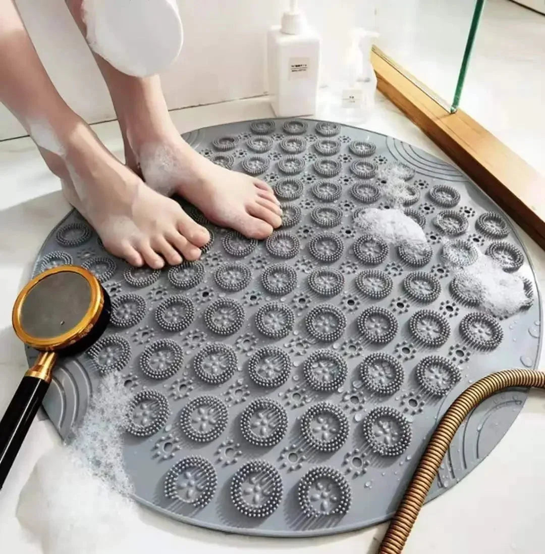 Tapis rond gris anthracite de bain en PVC antidérapant avec ventouses et picots de massage, vue de dessus