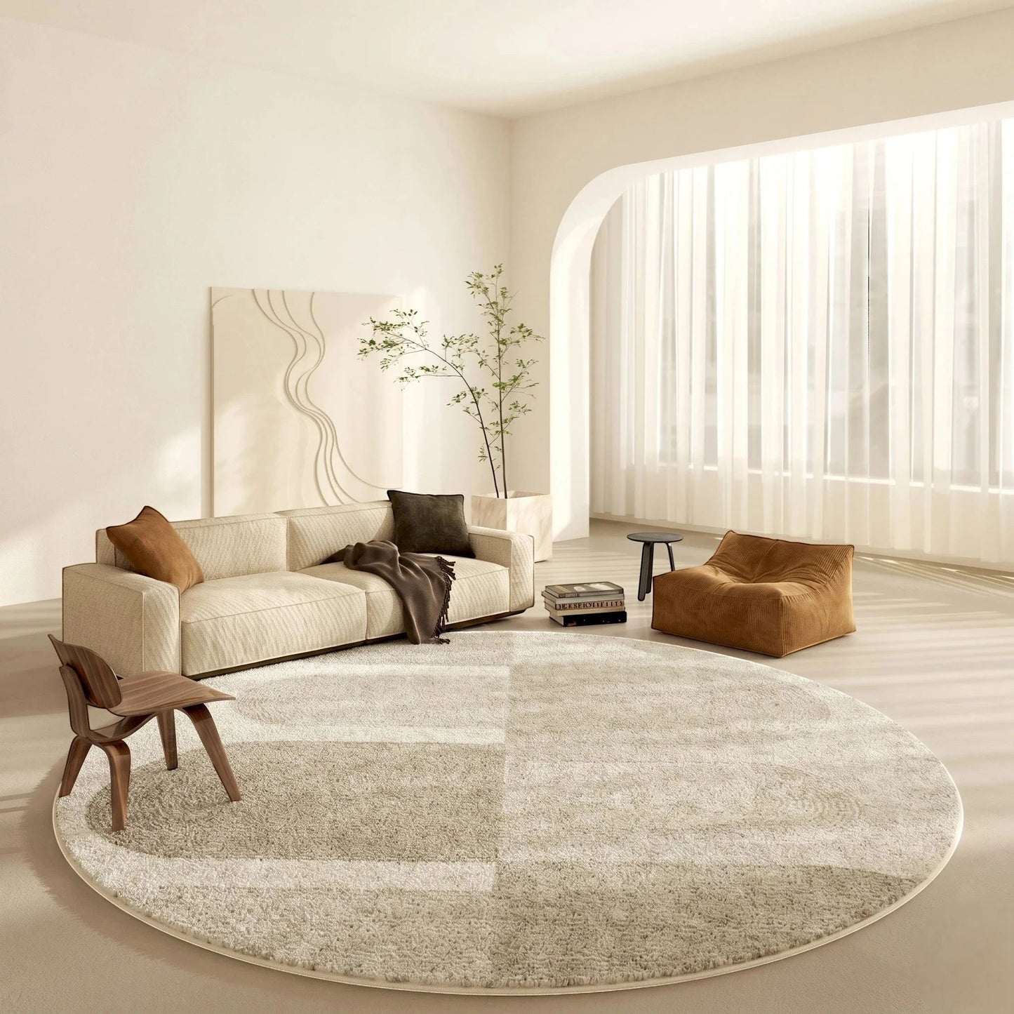 Tapis rond beige blocs géométriques dans un salon japandi minimaliste