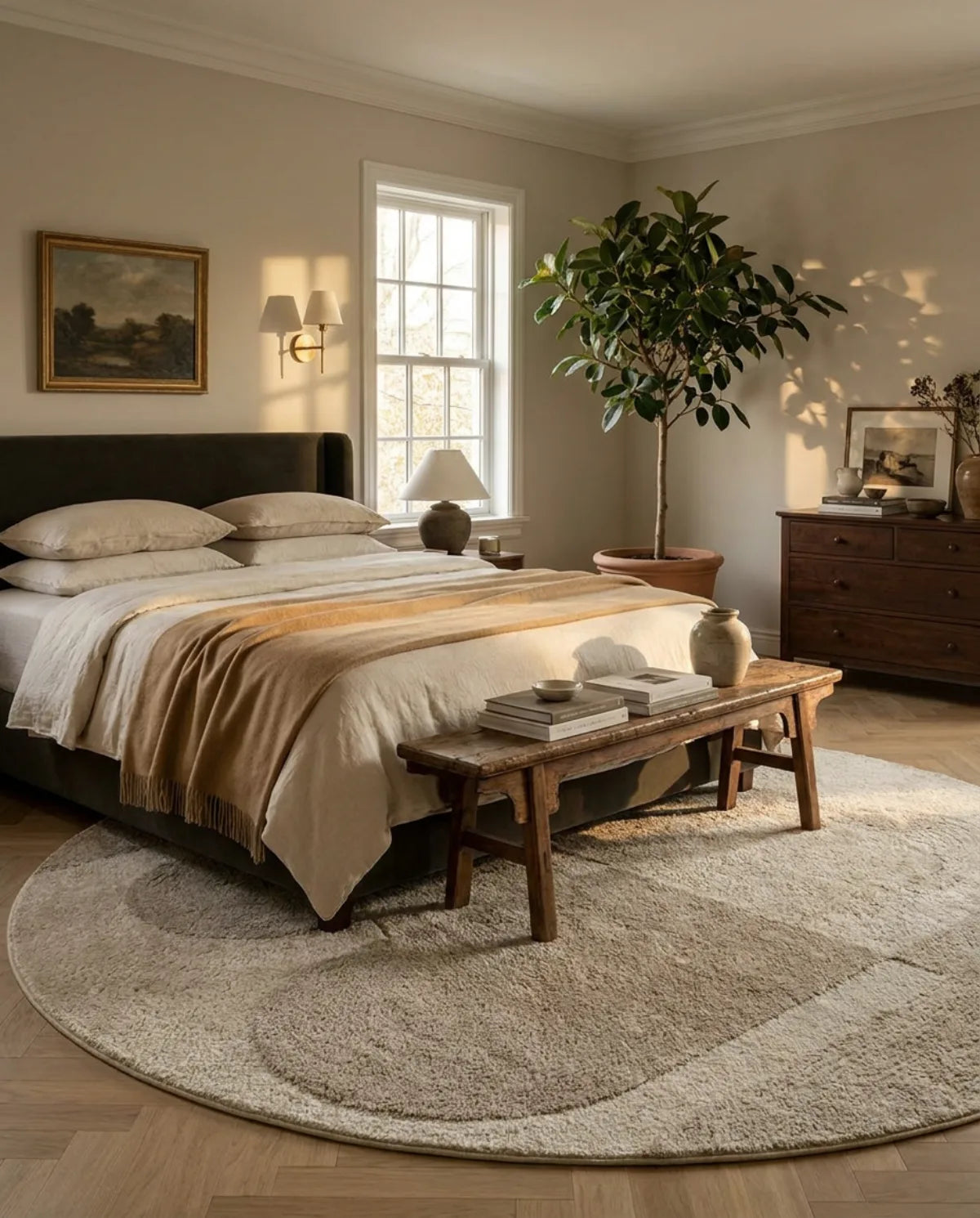 Tapis rond beige blocs géométriques dépassant sous le lit, banc en bois posé dessus