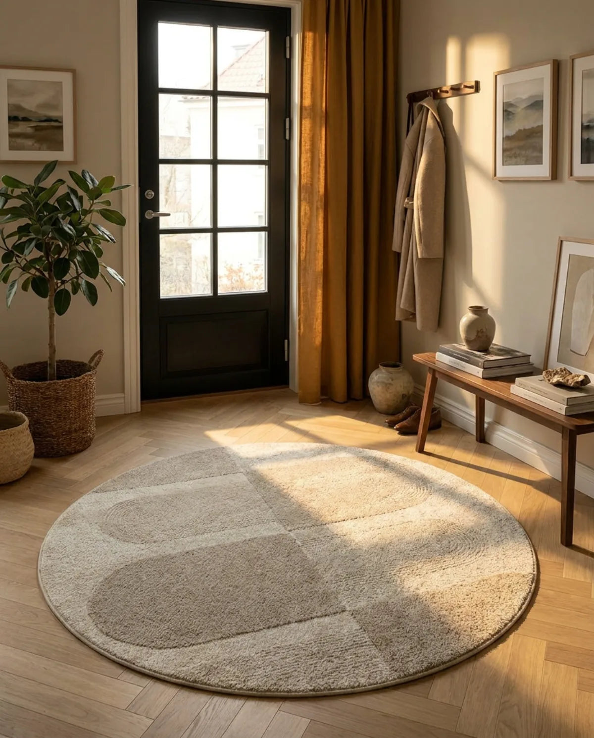 Tapis rond beige blocs géométriques dans une entrée au soleil, devant une porte vitrée