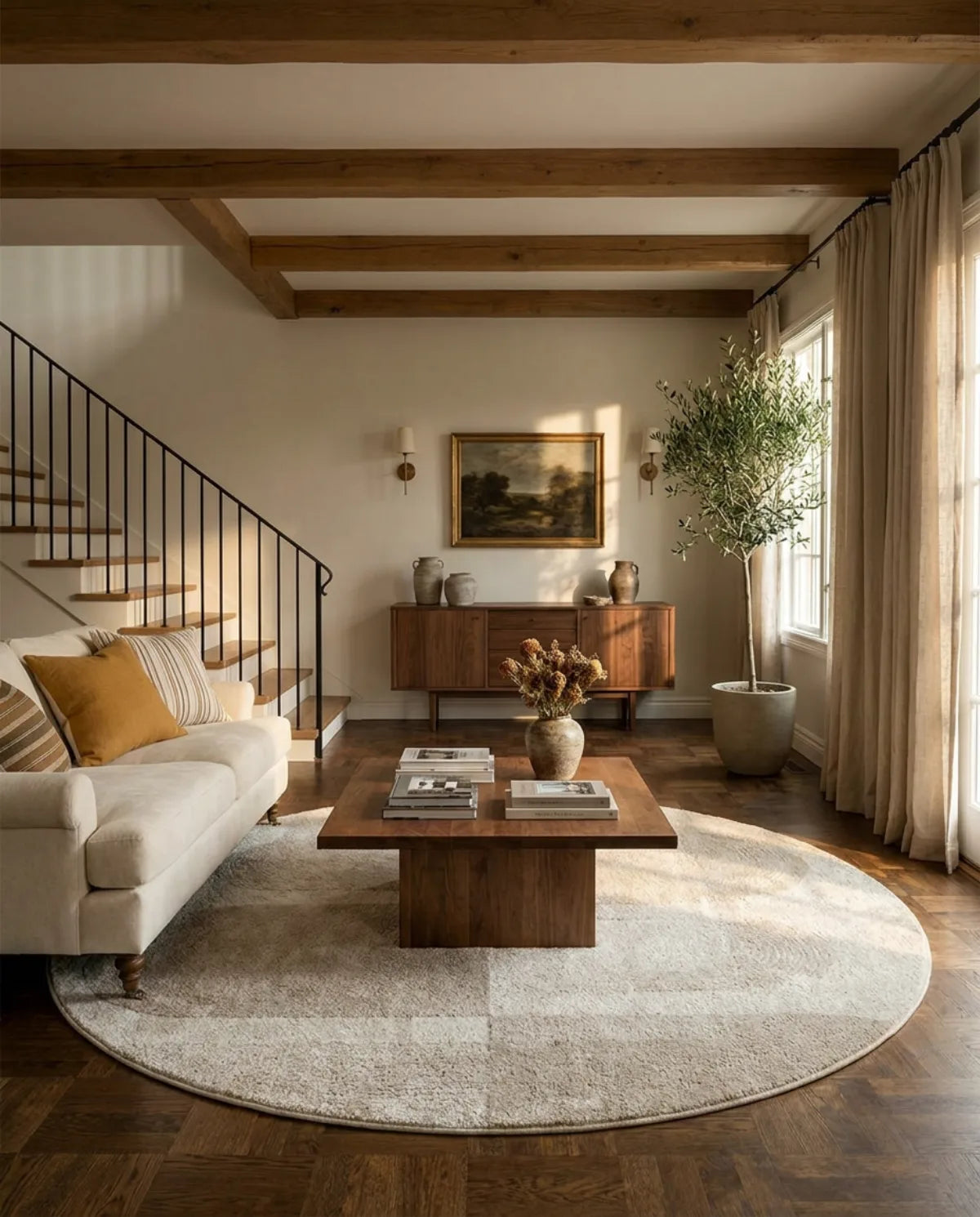 Tapis rond beige blocs géométriques sous une table basse en bois, dans un grand salon avec escalier