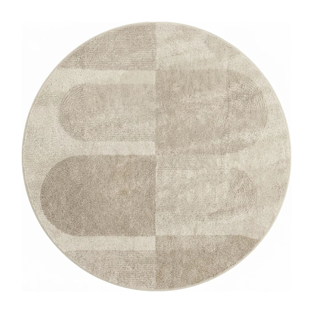 Tapis rond beige blocs géométriques, vue de dessus sur fond blanc