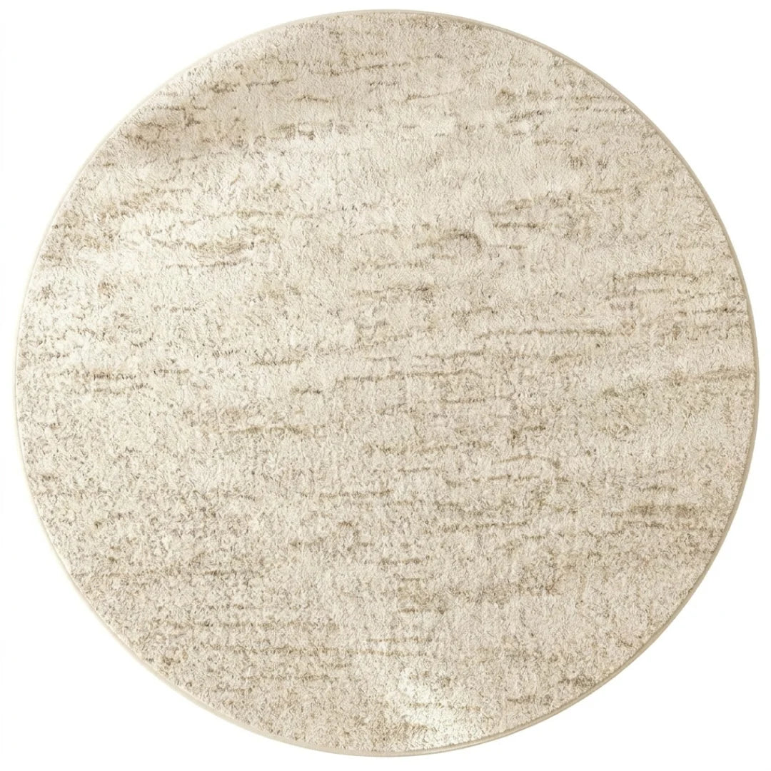 Tapis rond beige cercles concentriques, vue de dessus sur fond blanc