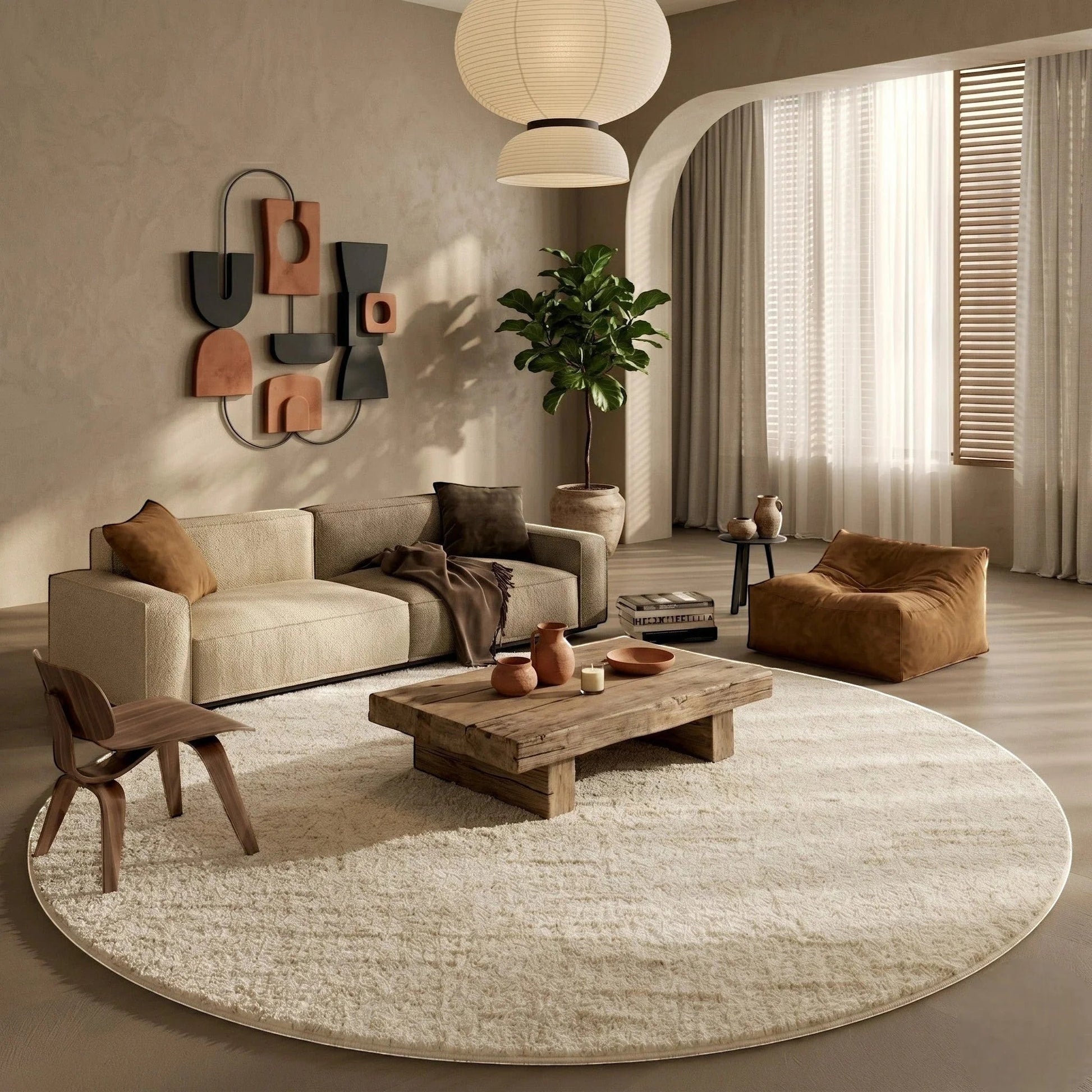 Tapis rond beige cercles concentriques dans un salon lumineux avec canapé crème et décoration murale en formes arrondies