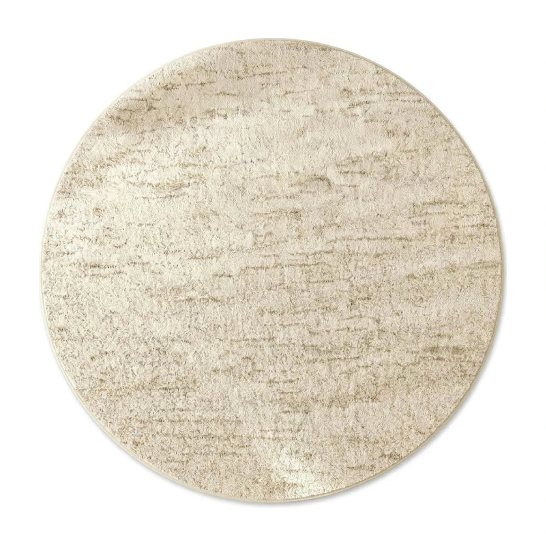 Tapis rond beige cercles concentriques, vue de dessus sur fond blanc