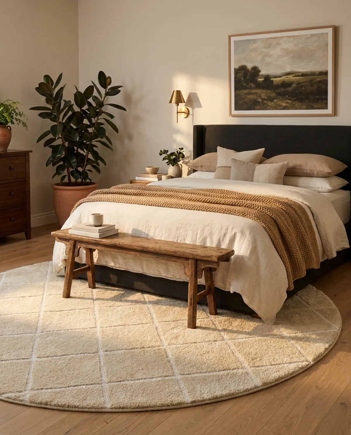 Tapis rond beige grille géométrique dépassant sous le lit, banc en bois posé dessus
