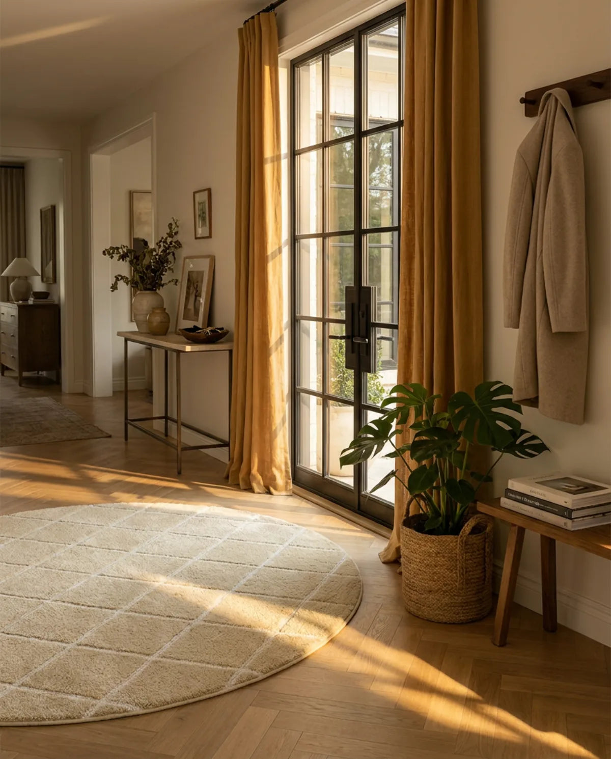 Tapis rond beige grille géométrique dans une entrée au soleil, devant une porte vitrée