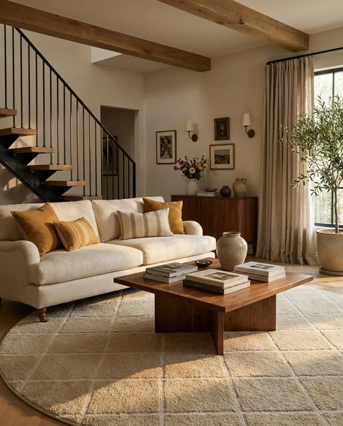 Tapis rond beige grille géométrique sous une table basse en bois, dans un grand salon avec escalier