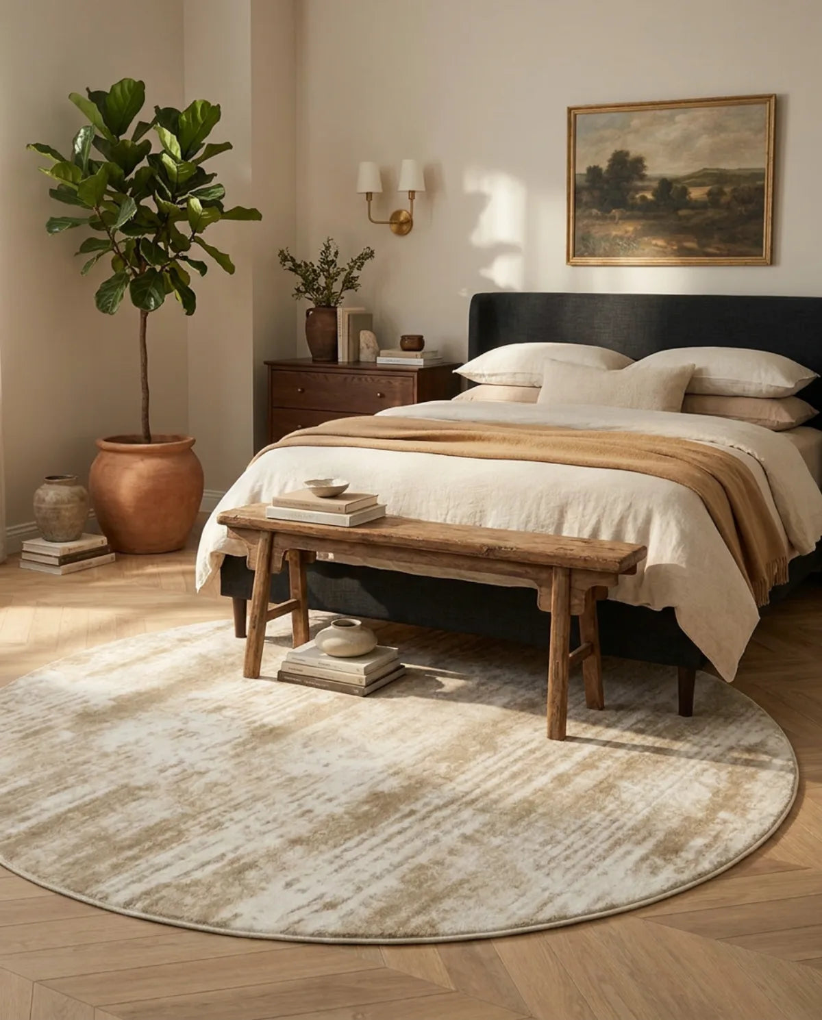 Tapis rond beige minimaliste balayé dépassant sous le lit, banc en bois posé dessus