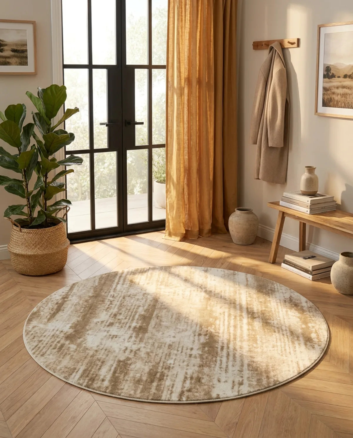 Tapis rond beige minimaliste balayé dans une entrée au soleil, devant une porte vitrée