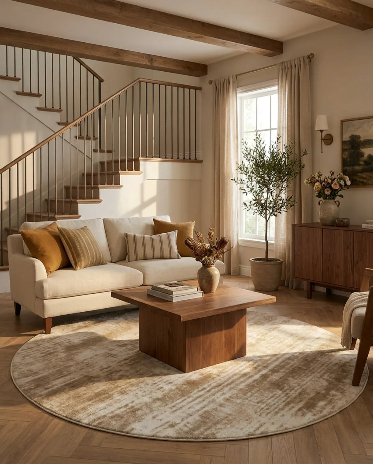Tapis rond beige minimaliste balayé sous une table basse en bois, dans un grand salon avec escalier
