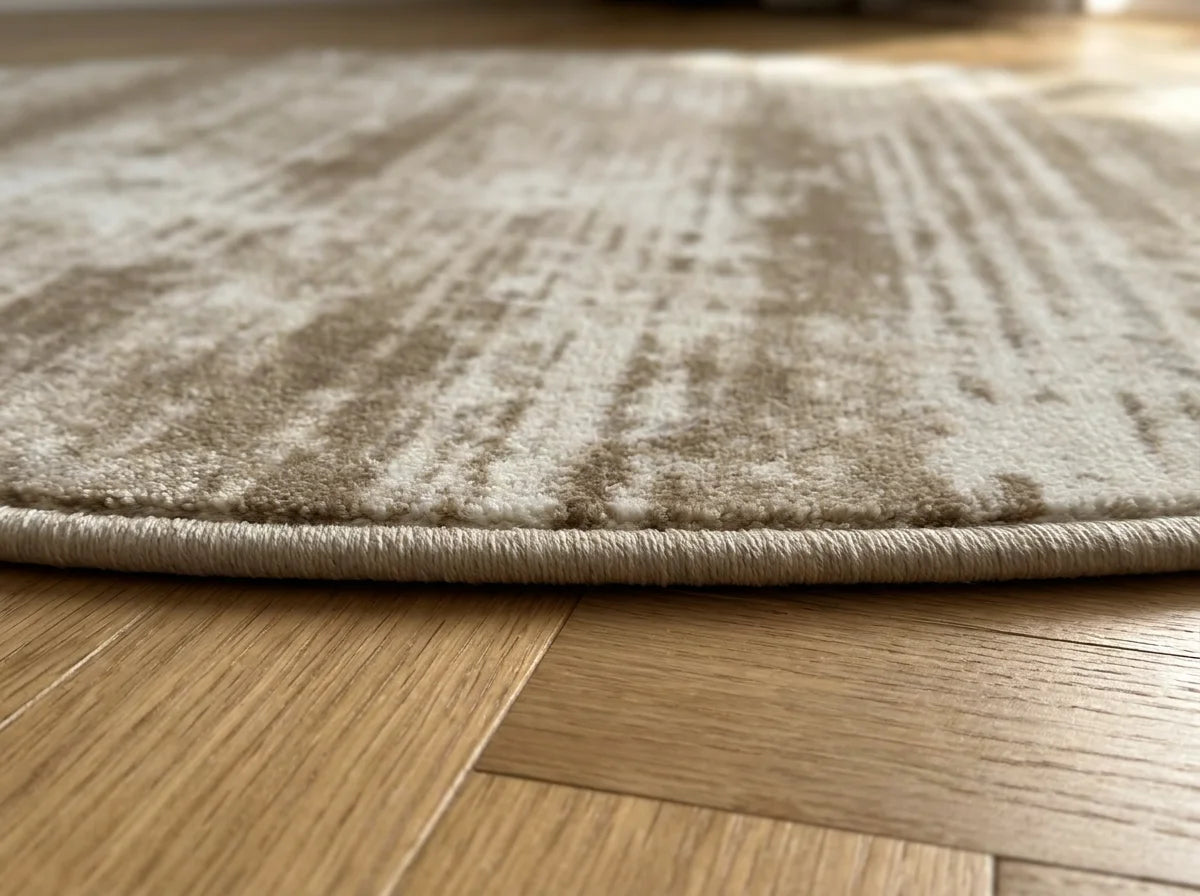 Tranche du tapis rond beige minimaliste balayé montrant l'épaisseur du tissage
