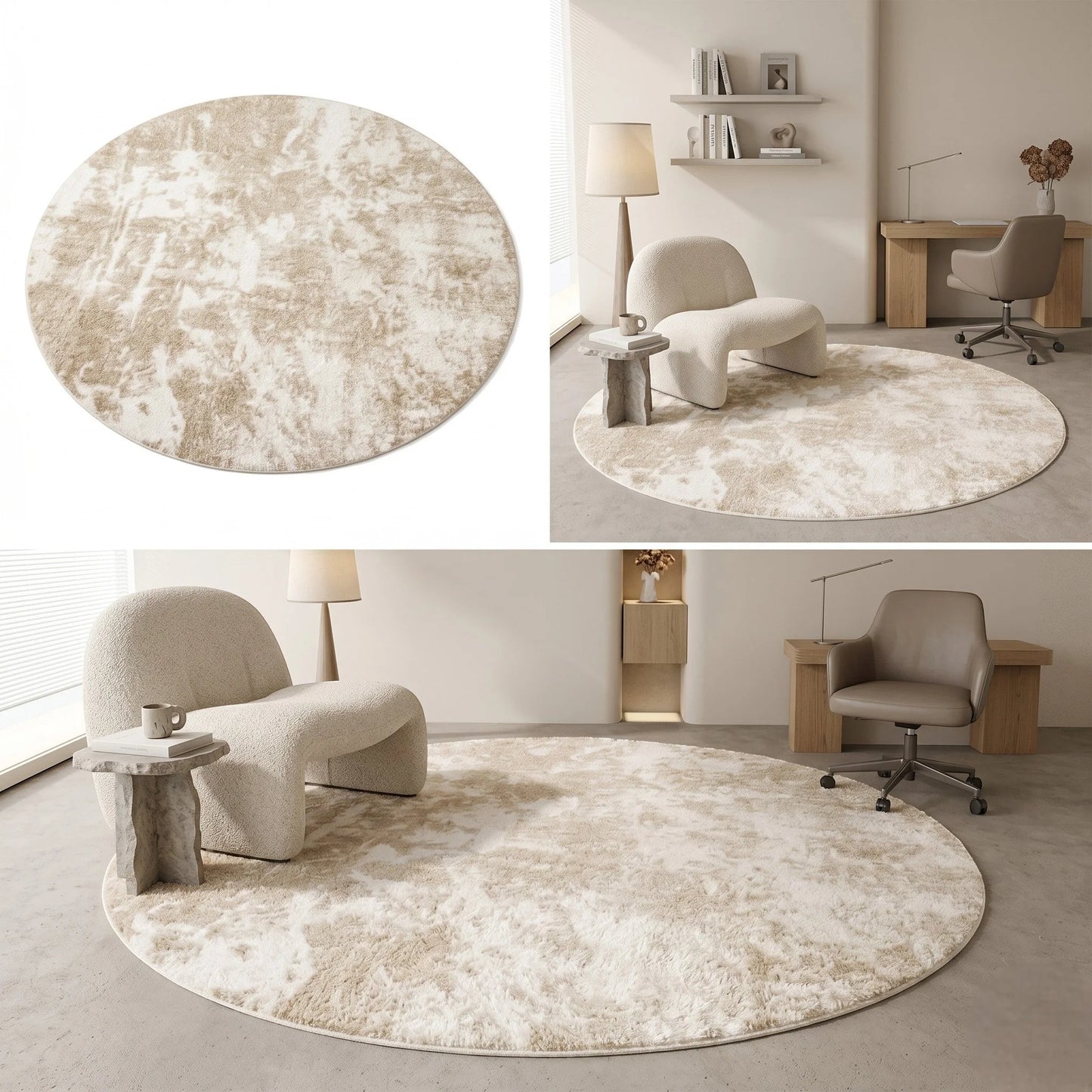 Rendu naturel du tapis rond beige minimaliste marbré en lumière du jour
