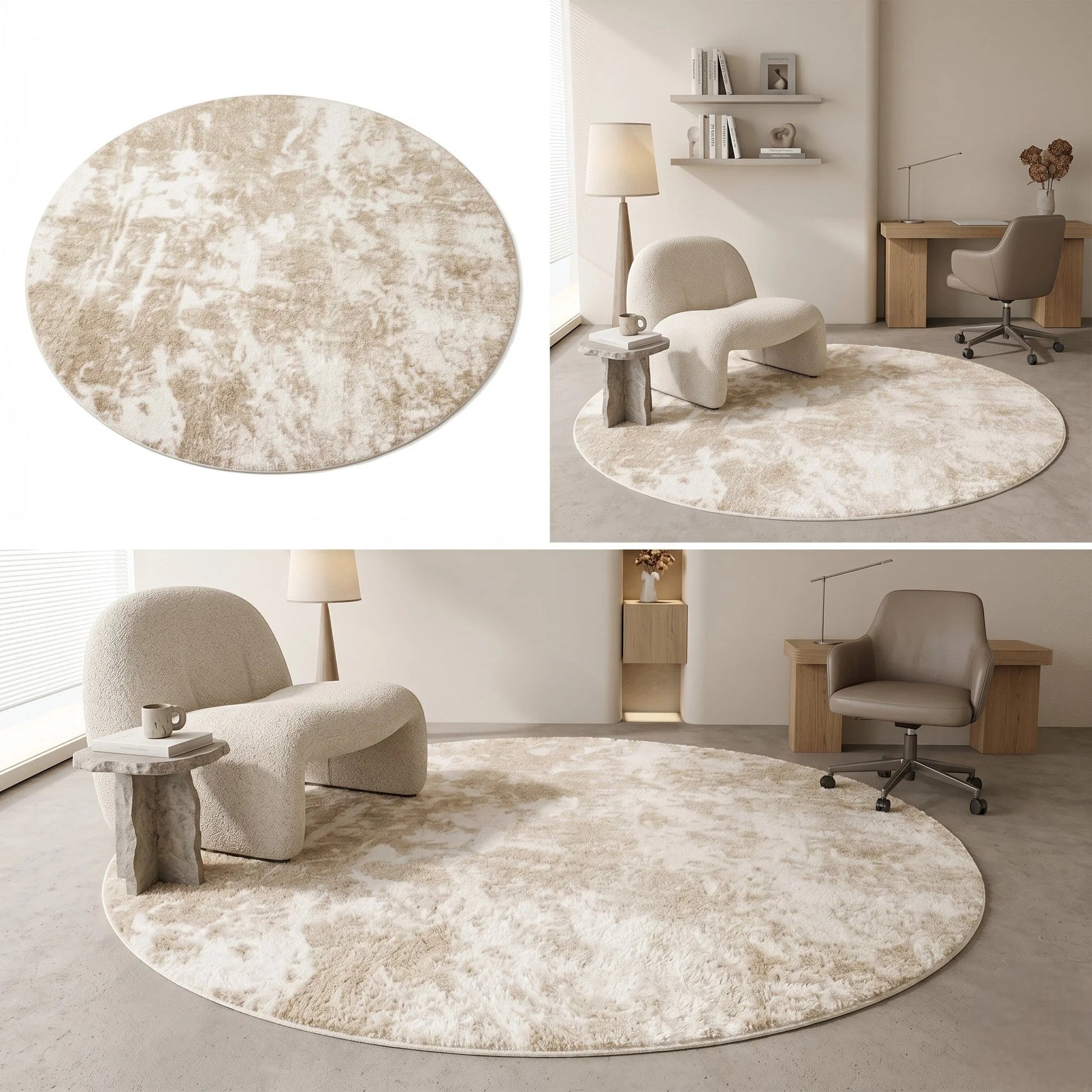 Rendu naturel du tapis rond beige minimaliste marbré en lumière du jour